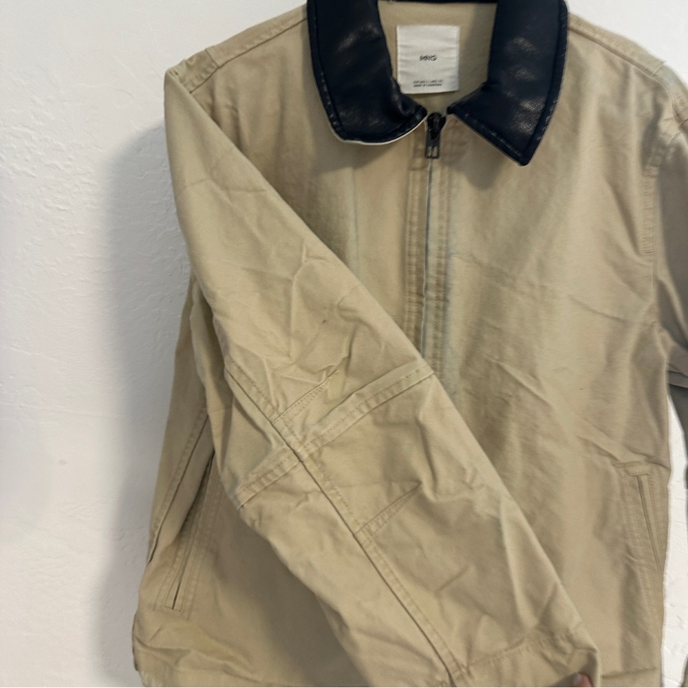 Mango Beige chore Jacket with Black leather Contrast Collar - Picture 7 of 9